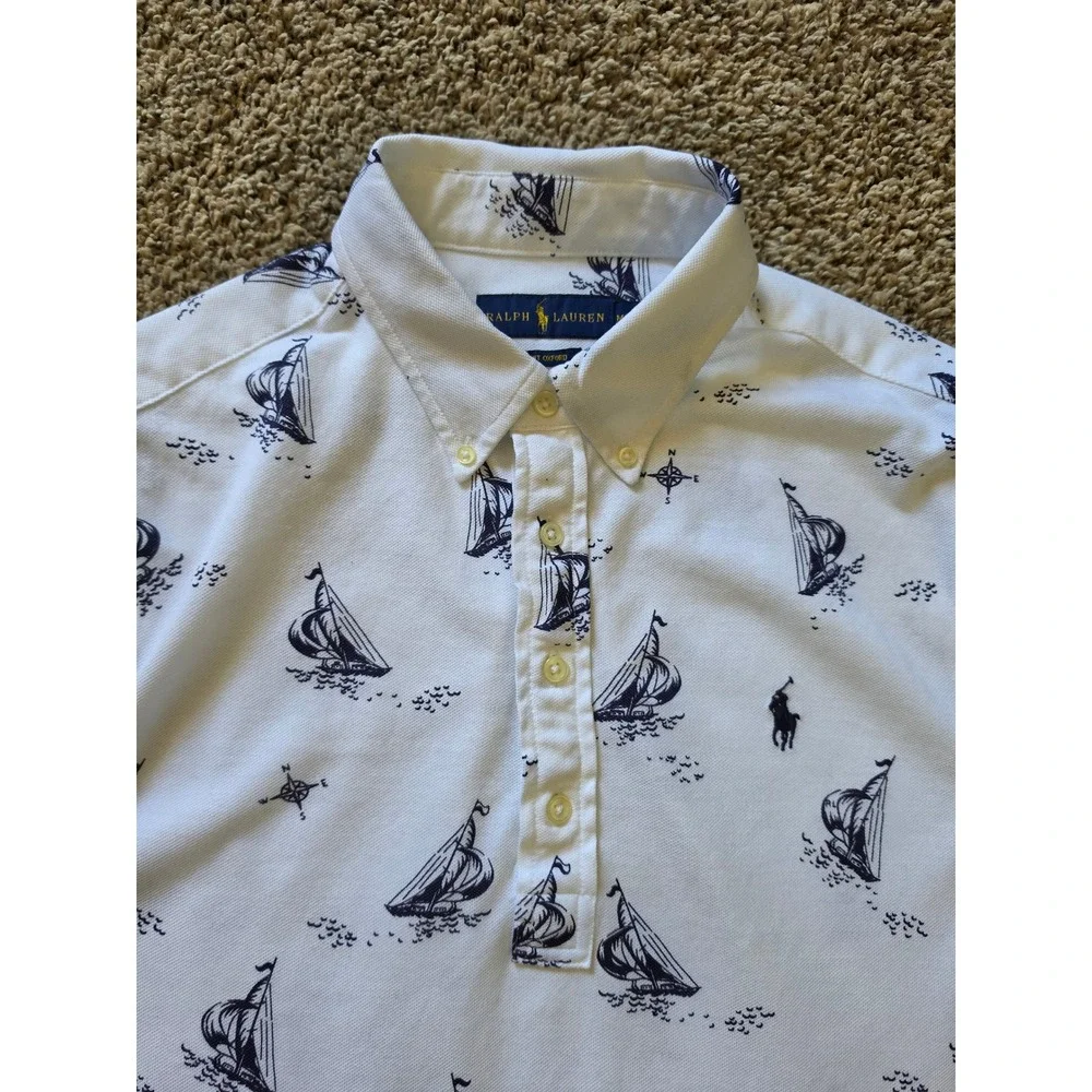 Ralph Lauren Mens Knit Oxford Polo Shirt White Nautical Sailboat Print Medium